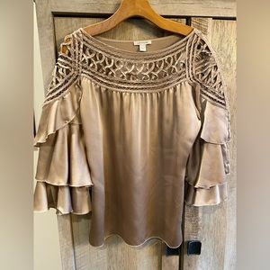 Boston Proper tiered sleeve blouse, champagne/light bronze, size 10